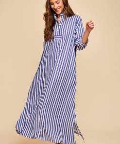 Full Length Sleep Shirtin Navy Taupe Stripe
