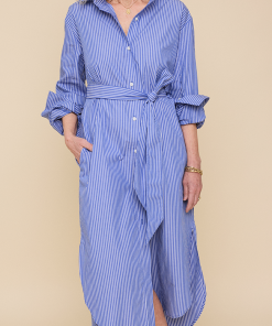 Long Belted Shirt Dressin Blue & White Stripe