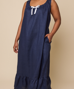 Long Sleeveless Nightiein Navy Linen