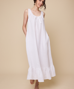 Long Sleeveless Nightiein White Linen