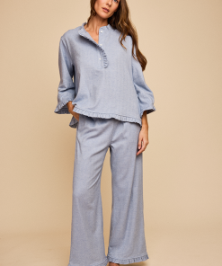 Ruffled Sleep Setin Blue Herringbone Flannel