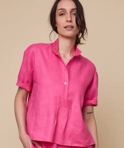 Short Sleeve Cropped Sleep Shirtin Fuchsia Linen