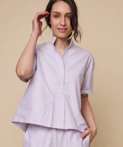 Short Sleeve Cropped Sleep Shirtin Lavender Oxford Stripe